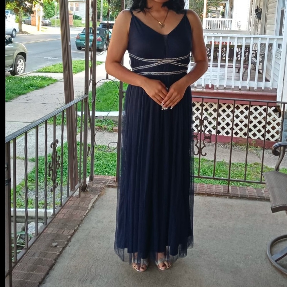 Blue Pleated Maxi Gown for Wedding Guest